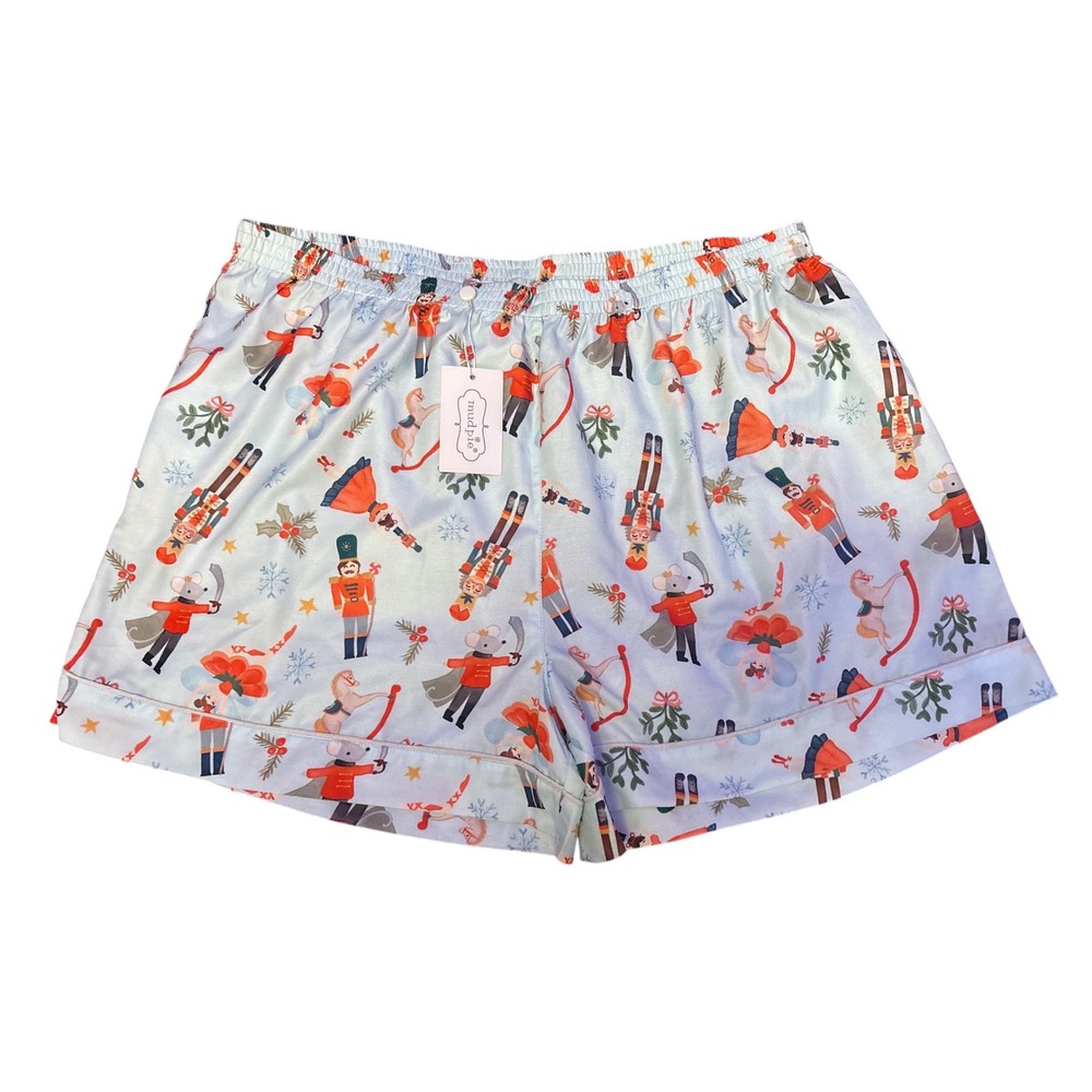 Mud Pie Light Blue Christmas Nutcracker Print Pajama Lounge Shorts Pockets  L‎